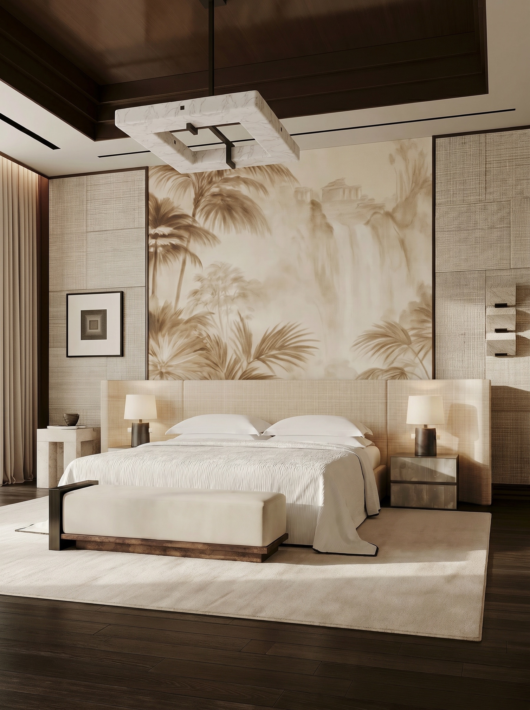 Decoration: a bedroom with a botanical wallcovering, layered textiles and carefully composed furniture and lighting