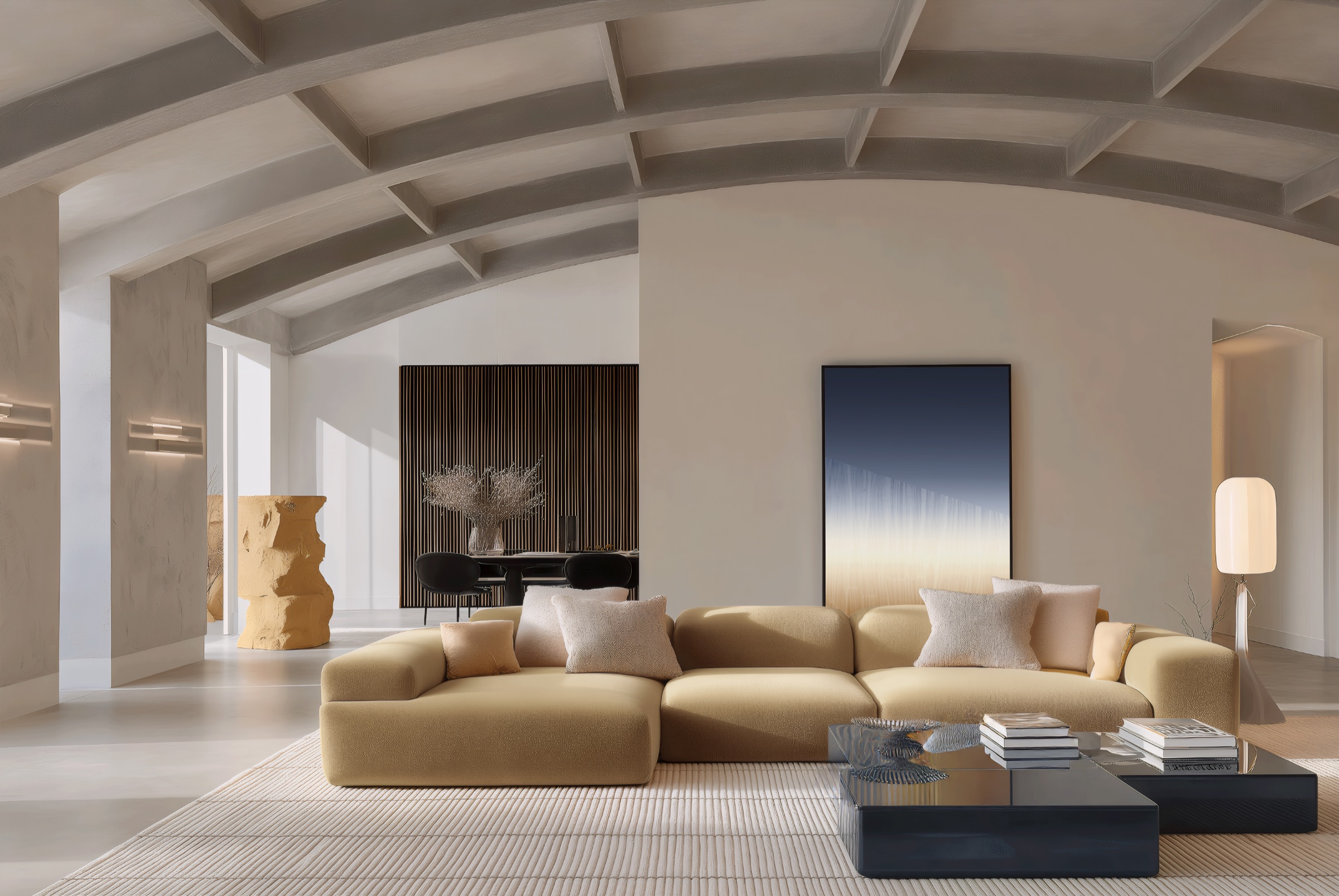A light-filled interior with a sculptural sofa, tactile finishes and carefully selected art